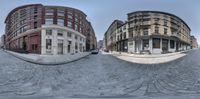 two 360 degrees view of a town, as well as an image of buildings and street