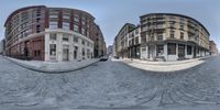 two 360 degrees view of a town, as well as an image of buildings and street