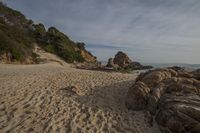 a sandy, empty beach with rocks sticking out of the sand and some trees growing up on top