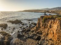 a grassy field by the shore and a cliff with rocks in the ocean in the background