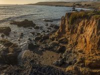 a grassy field by the shore and a cliff with rocks in the ocean in the background