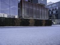 a sidewalk in front of a very big building in the snow on a cold winter day