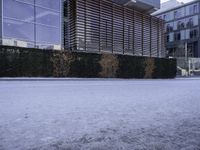 a sidewalk in front of a very big building in the snow on a cold winter day