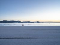 the fire hydrant is near the water in a distance on a city beach during the day