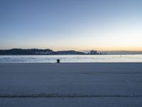 the fire hydrant is near the water in a distance on a city beach during the day