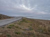 a deserted highway by the sea under grey and cloudy skies near the beach area with flowers and grass