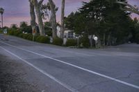 an empty street surrounded by trees at twilight time at the top of a hill area