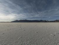 a plain with tracks left in the sand on it's horizon, and mountains in the background