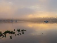 boats sit on the water at sunset with fog covering the sky above them in the background