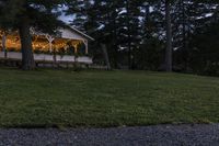 two fire hydrants in the grass near a building at night or day and many pine trees