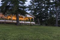 two fire hydrants in the grass near a building at night or day and many pine trees