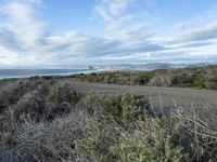 a road going to the beach towards a body of water and mountains, surrounded by scrub