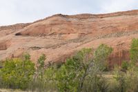 the area has red rocks, green plants and some trees in it, which is the color of red