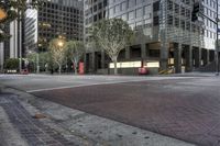 a street view of some very tall buildings and some trees on the sidewalk with a person in the foreground