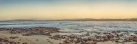 two people stand on rocks and near the ocean at sunset while a surfer carries his surfboard to the shore