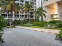 a bench is in front of the tall building with trees nearby outside of it,