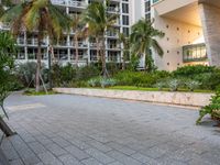 a bench is in front of the tall building with trees nearby outside of it,