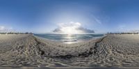 this is the photo of a panoramic view of the beach and ocean from a 360 - angle camera