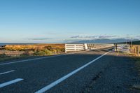 a fence with a white horse on top of it in the middle of the road