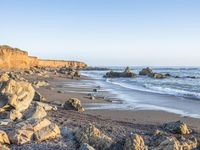 a grassy field by the shore and a cliff with rocks in the ocean in the background