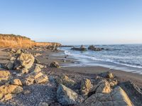 a grassy field by the shore and a cliff with rocks in the ocean in the background