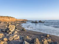 a grassy field by the shore and a cliff with rocks in the ocean in the background