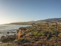 a grassy field by the shore and a cliff with rocks in the ocean in the background