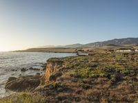 a grassy field by the shore and a cliff with rocks in the ocean in the background