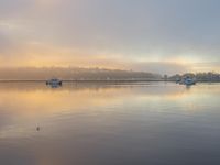 there are boats in the water with sunset and fog rising in the background behind them