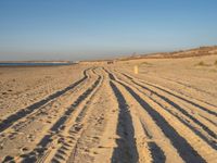 a large sandy area with tire tracks on it and some people walking in the distance