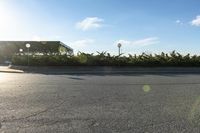 a parking lot with lots of trees on both sides of the road and a billboard over it