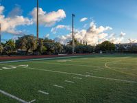 a soccer field has white lines on it and is green grass and tall poles in the distance