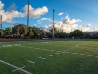 a soccer field has white lines on it and is green grass and tall poles in the distance