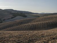 a man on horseback riding down a hill covered with rolling hills and dry grass, with trees in the distance