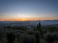 this is a sunrise over an italian countryside scene with a hill and forest in the background