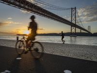 a person rides a bike in front of a bridge at dusk along the ocean floor