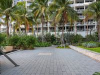 a park is next to a large modern building with many palm trees and plants surrounding it