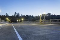 the empty paved bridge has illuminated street lamps lit up at night and people walking over it