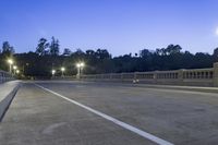 the empty paved bridge has illuminated street lamps lit up at night and people walking over it