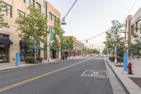 a street is filled with shopping stores and shops and people riding bikes and bicycles, and trees lining both sides of the street