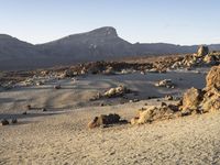 an arid landscape with rocks and gravels in the foreground and mountain peaks in the background