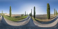 there are three panoramic pictures of the same view on each side of the road