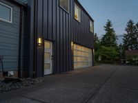 two gray garage doors and a paved driveway near trees and woods behind them a street light is on