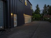 two gray garage doors and a paved driveway near trees and woods behind them a street light is on