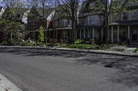 a paved sidewalk in front of a row of houses with trees and shrubs and bushes