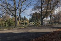 a path through the park leads to a body of water with trees and leaves on either side of it