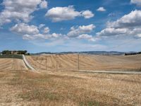 a field with dry grass and some power lines on it with clouds and a lone farm