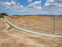 a field with dry grass and some power lines on it with clouds and a lone farm