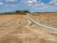 a field with dry grass and some power lines on it with clouds and a lone farm