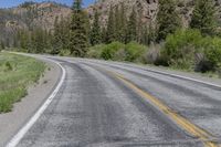 a highway passing through the middle of mountains and forest on its side with trees on the other side